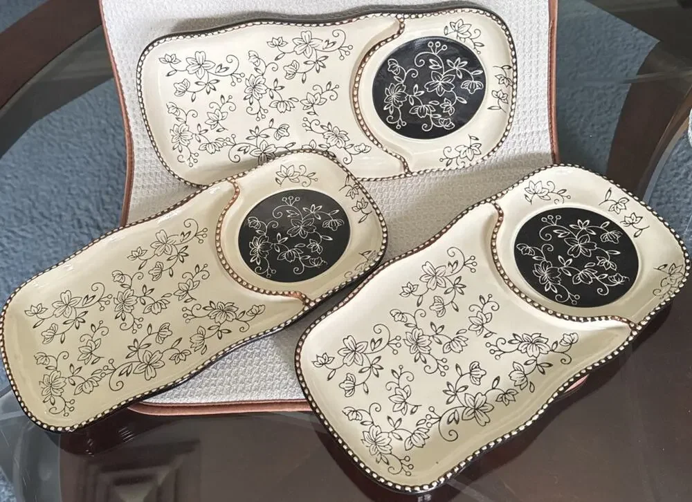 Tara Temptations Snack Serving Trays Chip and Dip in Floral Lace Brown Lot of 3